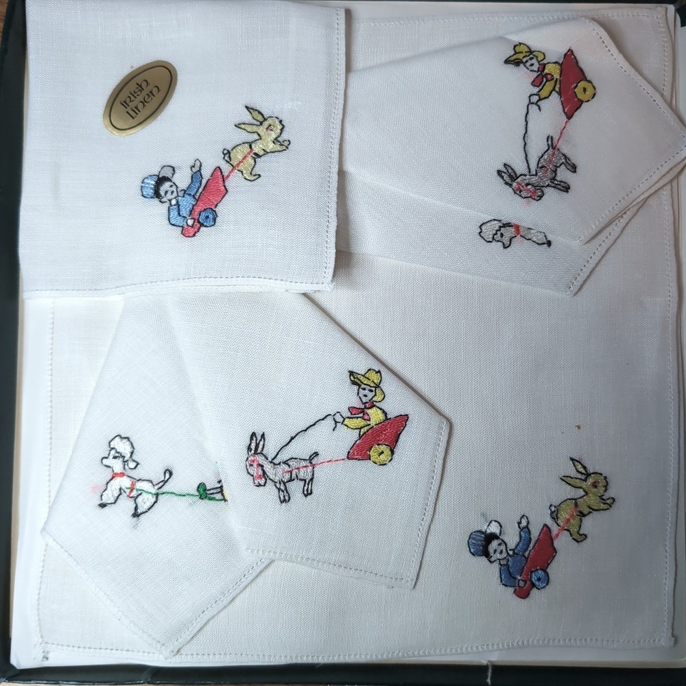 Vintage Irish Linen Handkerchief Set Embroidered Poodle Donkey Bunny White 6pc